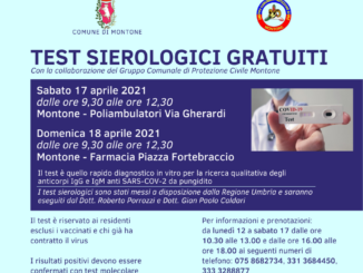 Montone, test sierologici gratuiti per i cittadini, il 17 e 18 aprile