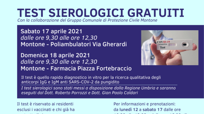 Montone, test sierologici gratuiti per i cittadini, il 17 e 18 aprile